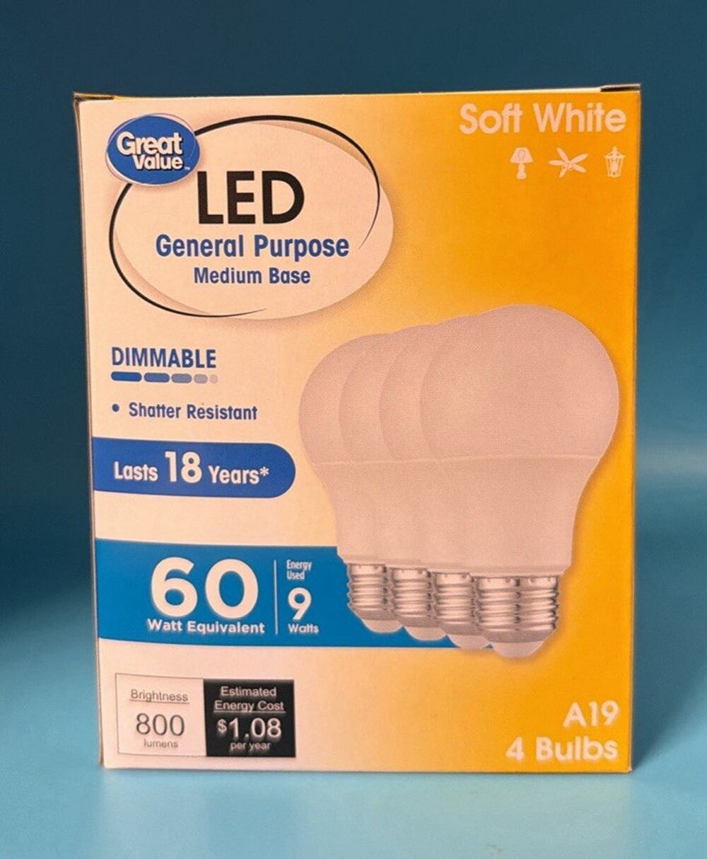 Great Value LED A19 2700K Soft White 60W Eq 9W 800lm Dimmable 4-Pack new in box